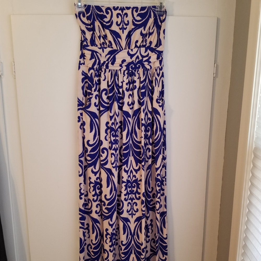 Loila Blue and Pink Printed Strapless Maxi Dress